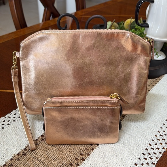 Lodis Leather RFID Metallic Rose Gold Shimmer Zipper Clutch and Coin Pouch Set - Picture 4 of 14